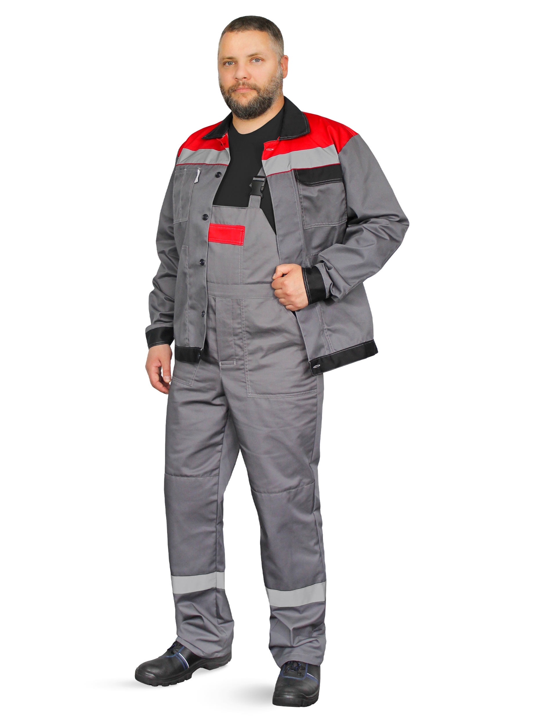 Летний костюм "РАССО-КОРПУС 240" мужской (куртка и полукомбинезон), цвет: серый с черным и красным, ткань: смесовая