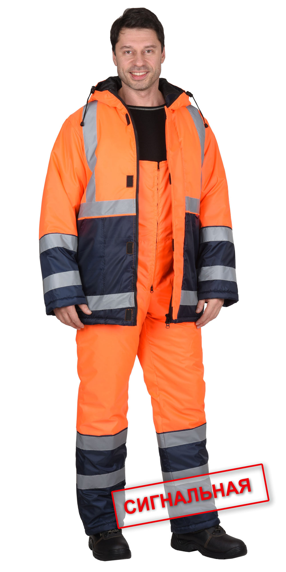 Зимний костюм "СИРИУС-МАГИСТРАЛЬ-3" мужской, утепленный (куртка и полукомбинезон, цвет: оранжевый с синим, ткань: 100% ПЭ