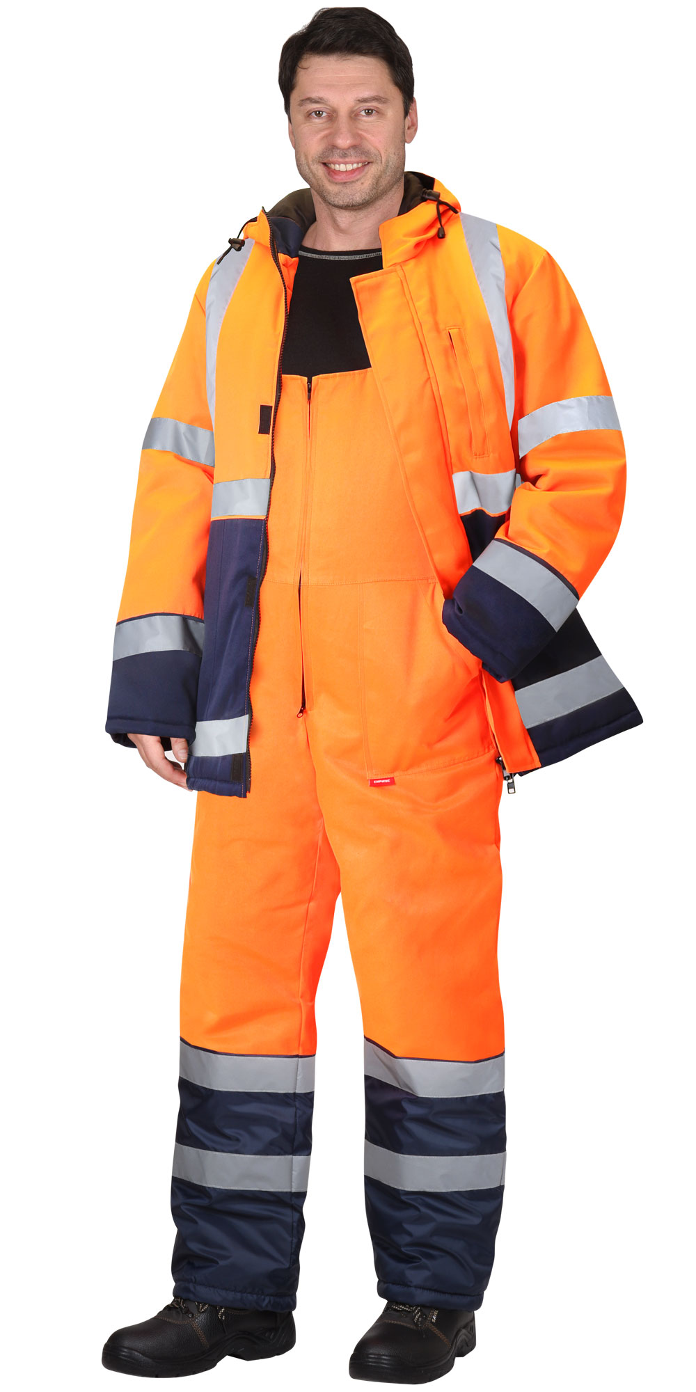 Зимний костюм "СИРИУС-МАГИСТРАЛЬ-3" мужской, утепленный (куртка и полукомбинезон), цвет: оранжевый с синим, ткань: смесовая