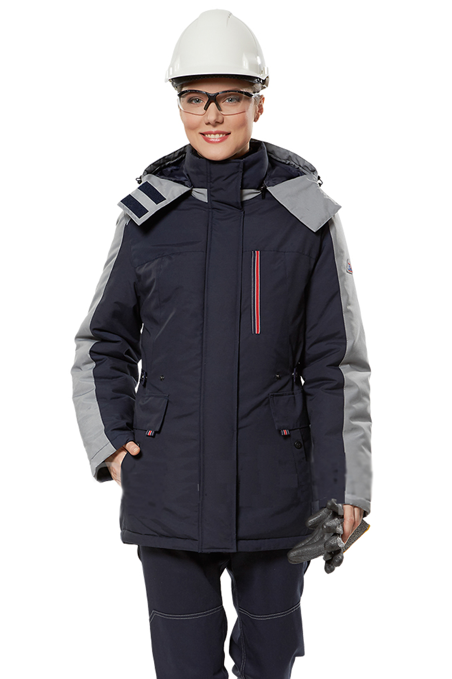 Зимняя куртка "АЛЬФА" женская, удлиненная, утепленная, цвет: синий с серым, ткань: смесовая