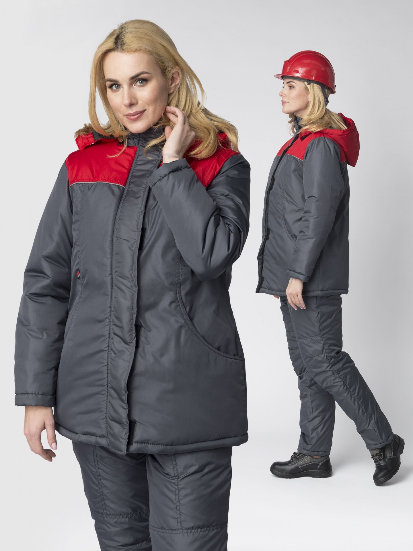 Зимняя куртка "САКРИН" женская, удлиненная, утепленная, цвет: темно-серый с красным, ткань: Дюспо