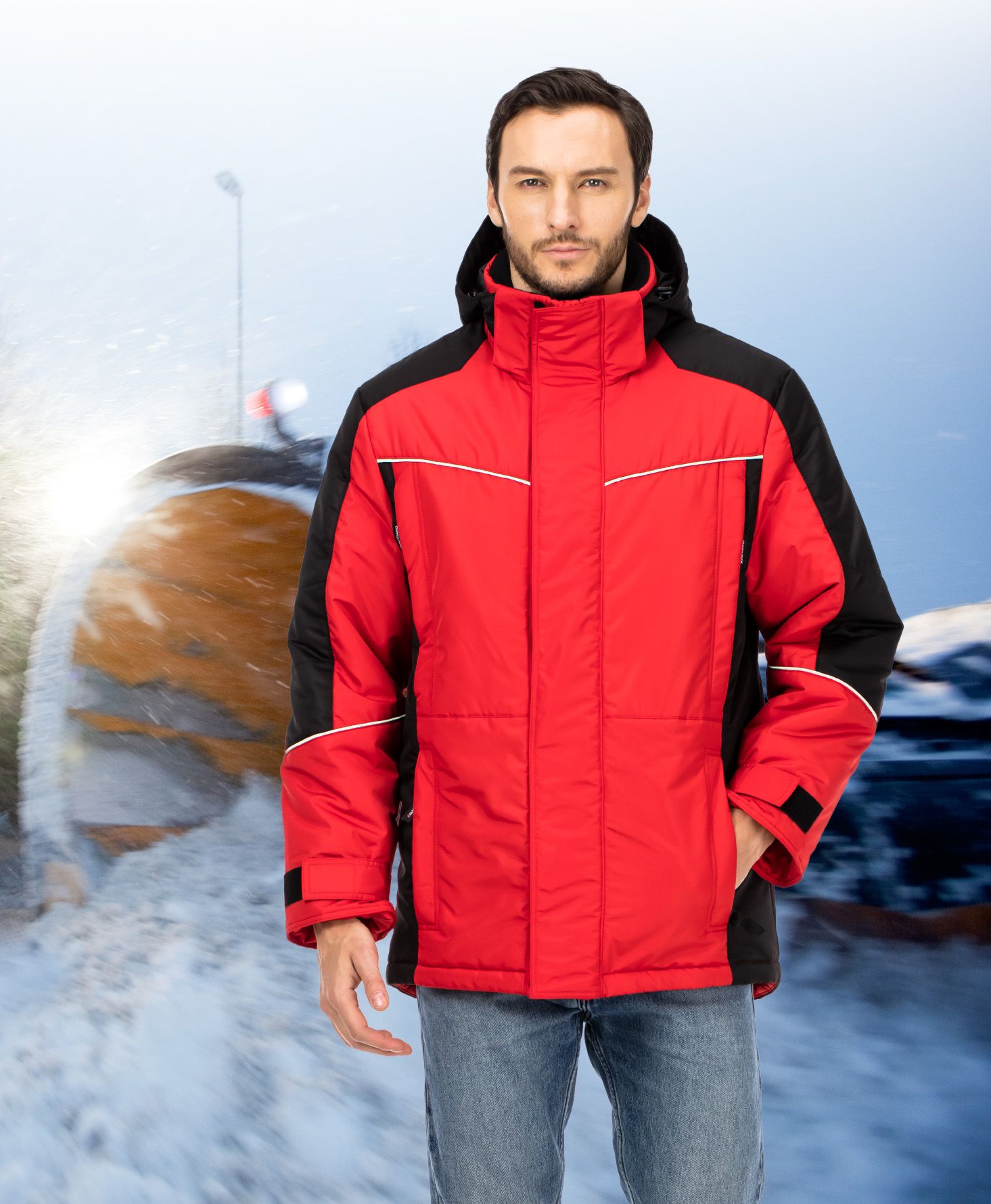 Зимняя куртка "КОРСАР" мужская, удлиненная, утепленная, цвет: красный с черным, ткань: 100% ПЭ