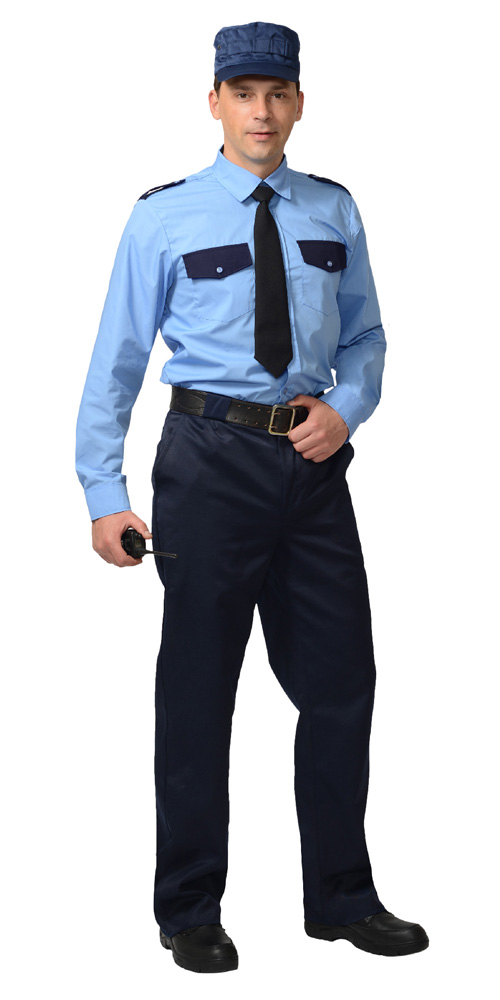 Рубашка охранника, длинный рукав, цвет: голубой с темно-синим, ткань: смесовая