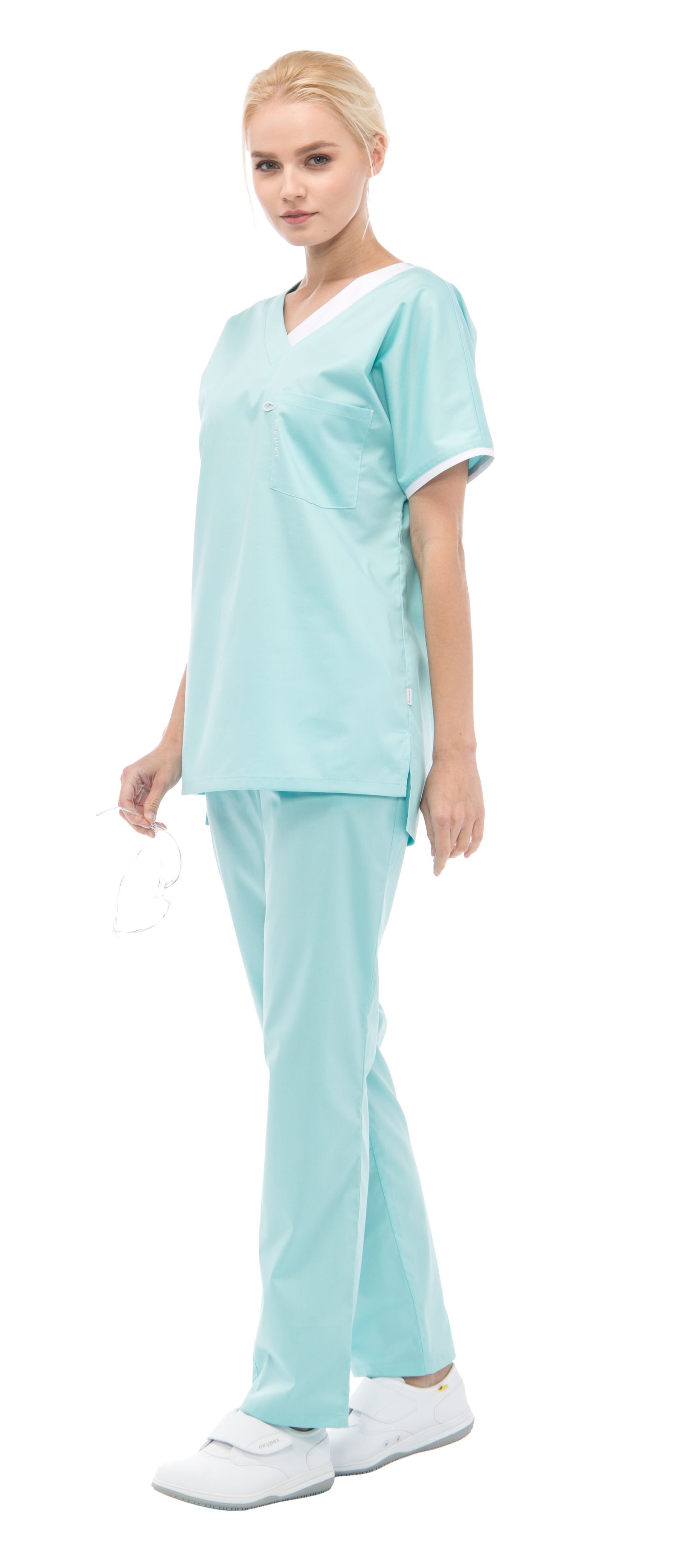 Комплект LL6102 "МЯТА" женский (блуза и брюки), короткий рукав, цвет: мята с белой отделкой, ткань: смесовая