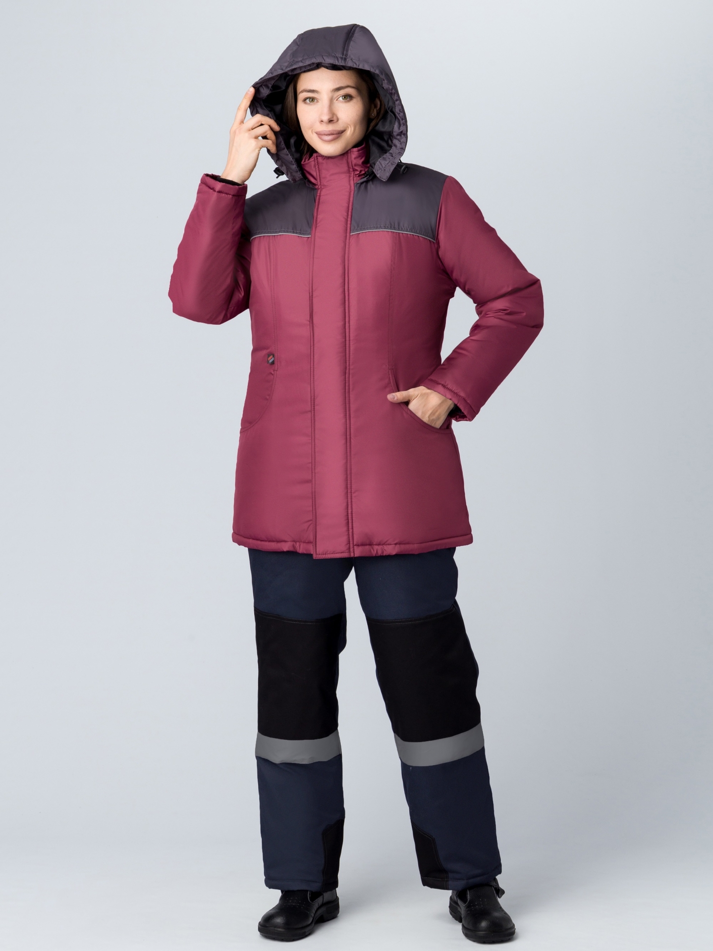 Зимняя куртка "СНЕЖАНА" женская, удлиненная, утепленная, цвет: бордовый с темно-серым, тк: Дюспо