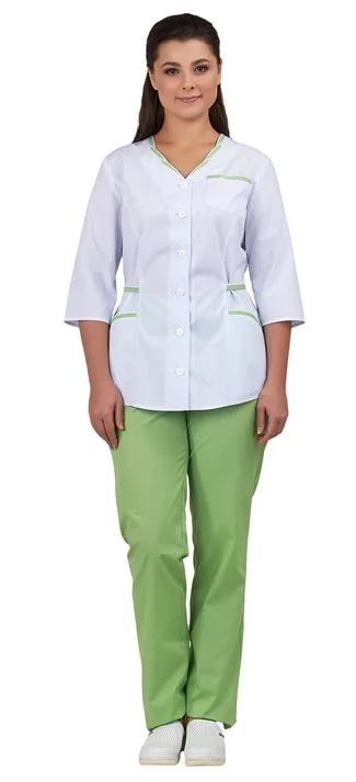Комплект "ОЛЬГА" женский (блуза и брюки), рукав 3/4, цвет: белый с лайм, ткань: смесовая