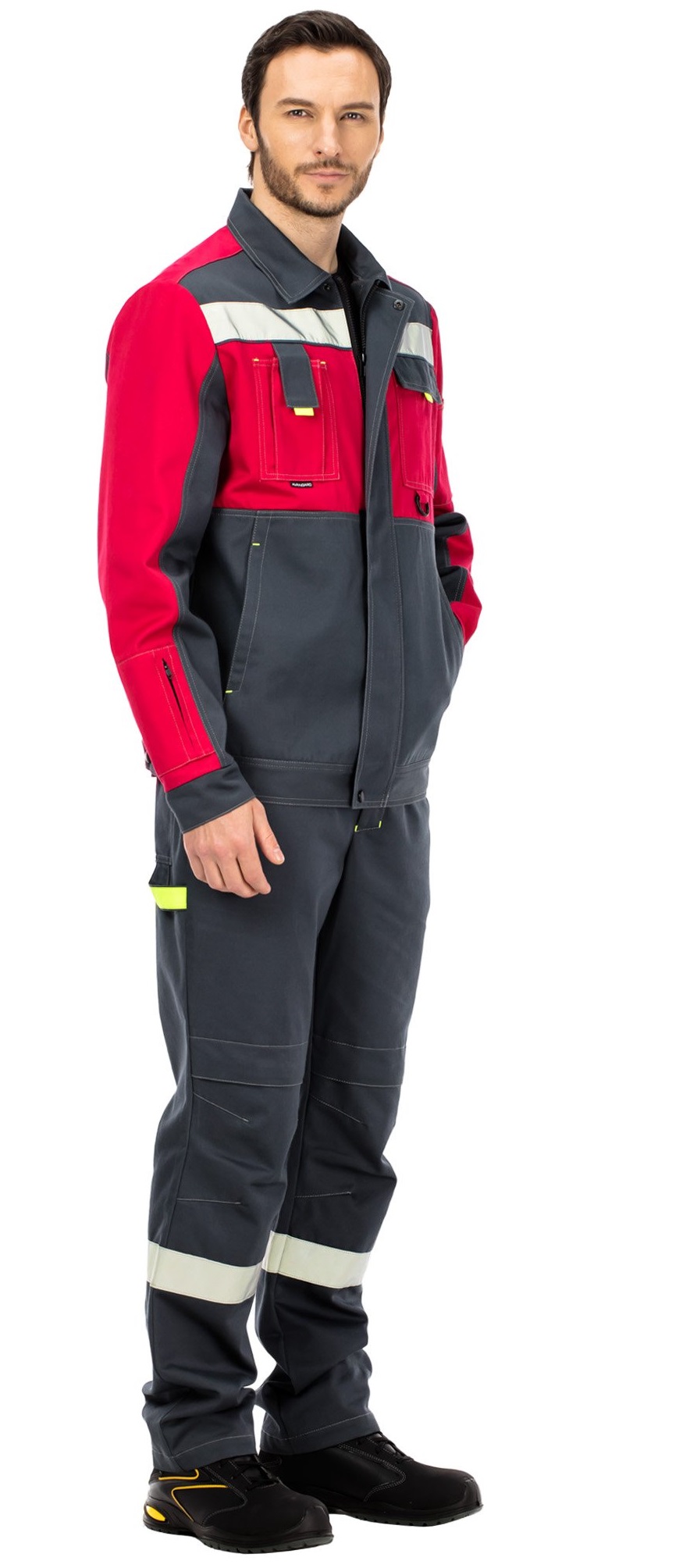 Летний костюм "ТАЛЬ" мужской (куртка и брюки), цвет: серый с красным, ткань: смесовая