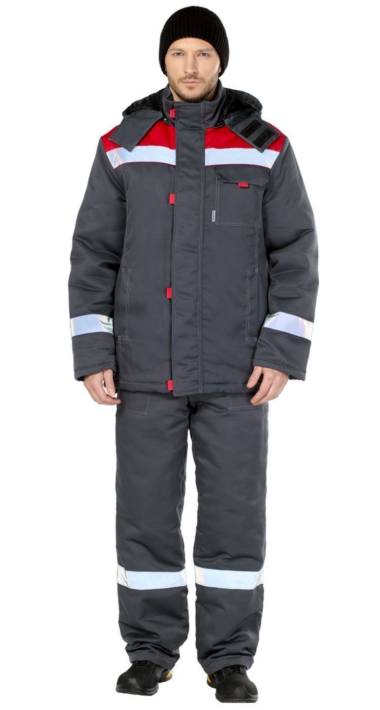 Зимний костюм "Авангард-ТИМБЕР РФ" мужской, (куртка и полукомбинезон), цвет: темно-серый с красным