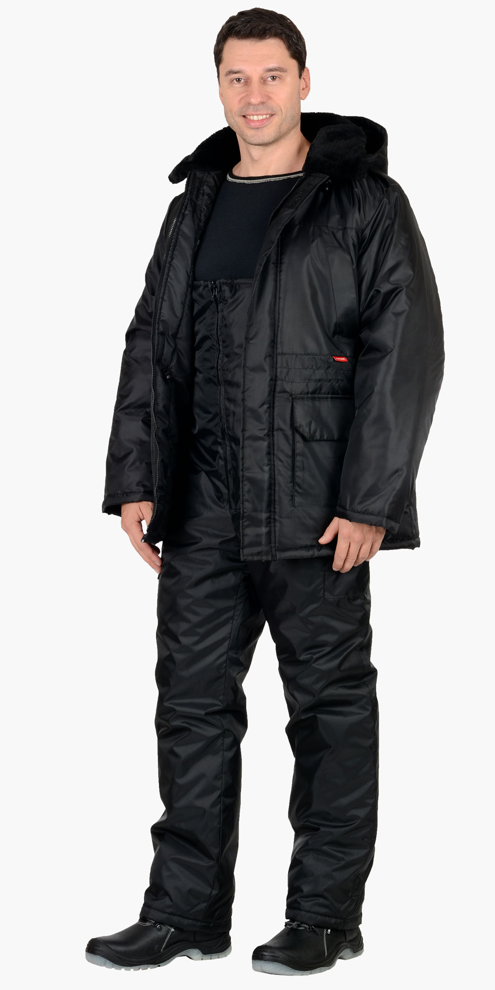 Зимний костюм "СИРИУС-БЕЗОПАСНОСТЬ" мужской, утепленный (куртка и полукомбинезон). цвет: чёрный, ткань: 100% ПЭ