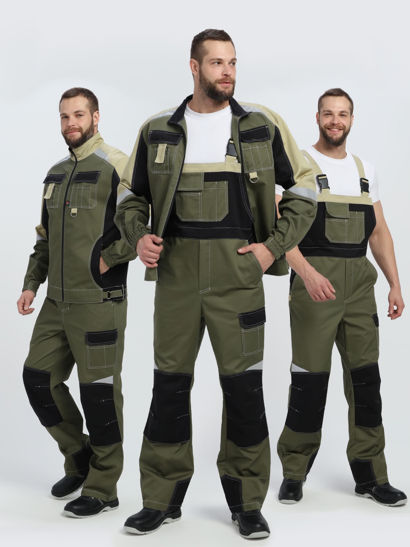 Летний костюм "ВЕКТРОН-2" мужской (куртка и полукомбинезон), цвет: хаки с черным и бежевым, ткань: смесовая