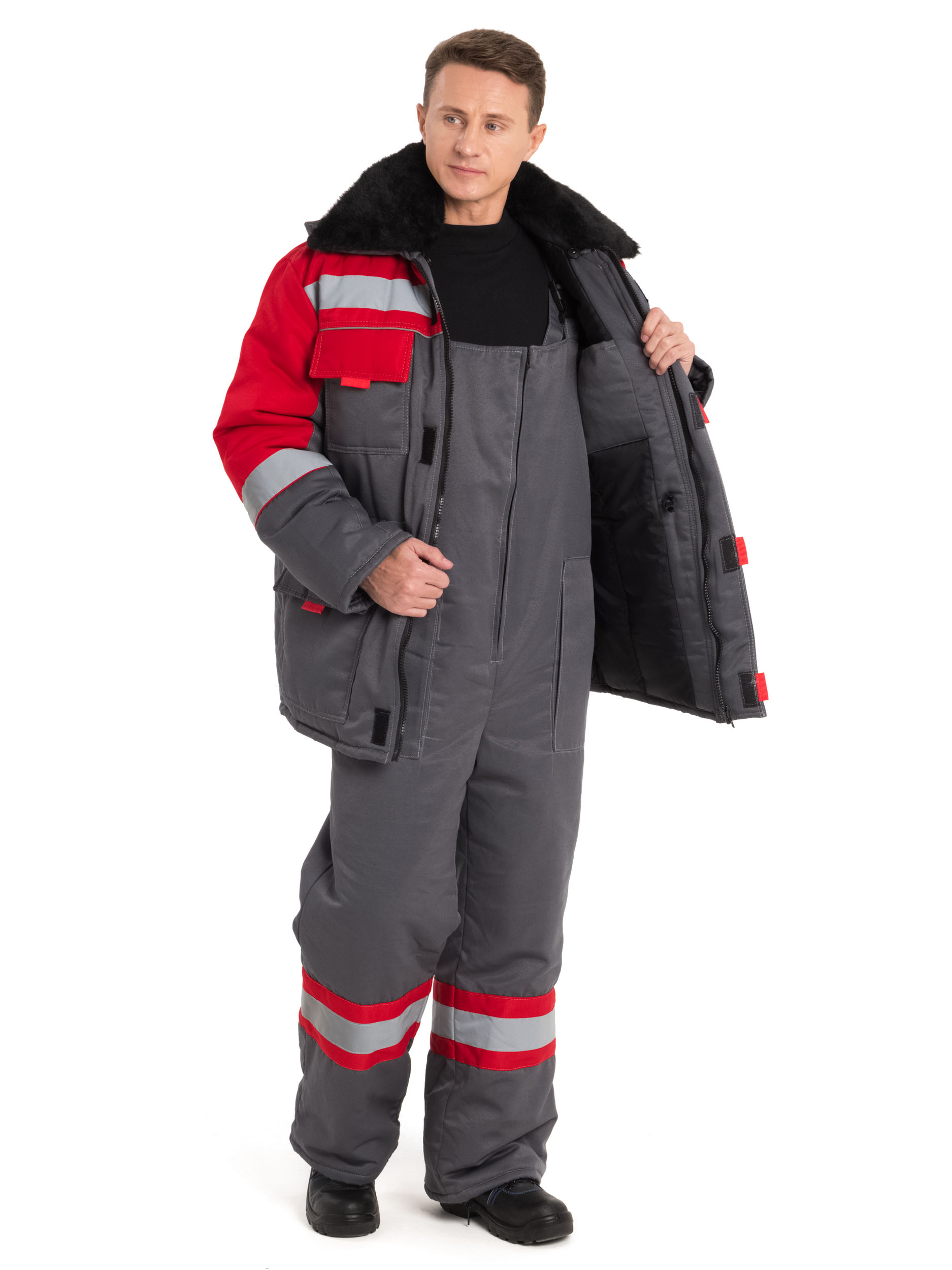 Зимний костюм "РАССО-НОВА" мужской, утепленный (куртка и полукомбинезон), цвет: серый с красным, ткань: Смесовая 