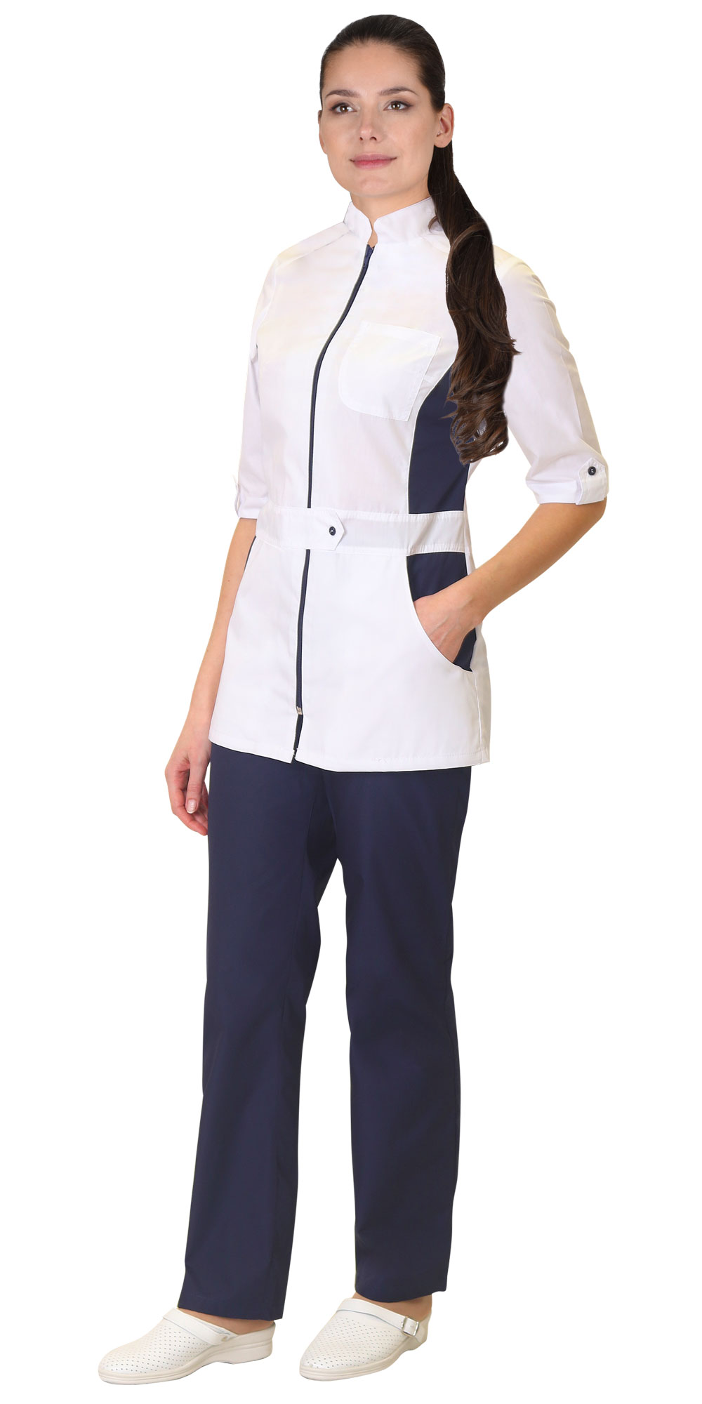 Костюм "СИРИУС-БАРБАРА" женский (блуза и брюки), короткий рукав, цвет: белый с темно-синим