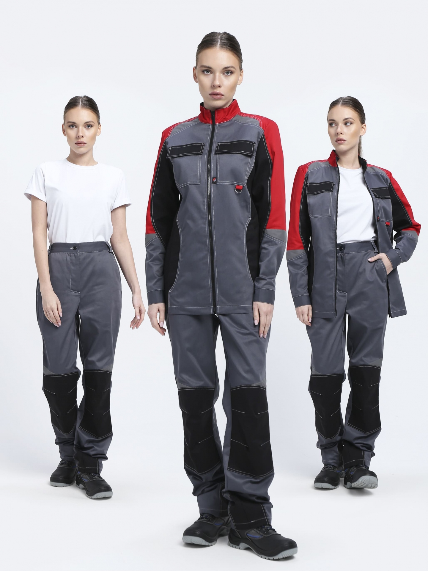 Летний костюм "ФОРМУЛА-1" женский (куртка и брюки), цвет: серый с черн. красным, ткань: смесовая