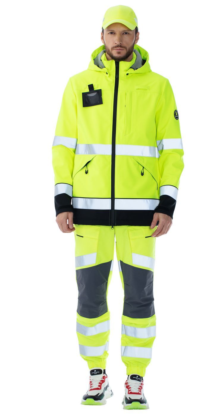 Летняя куртка "ЭНЦЕЛАД" софтшелл мужская, удлиненная, цвет: лимонный с серым, ткань: 100% ПЭ