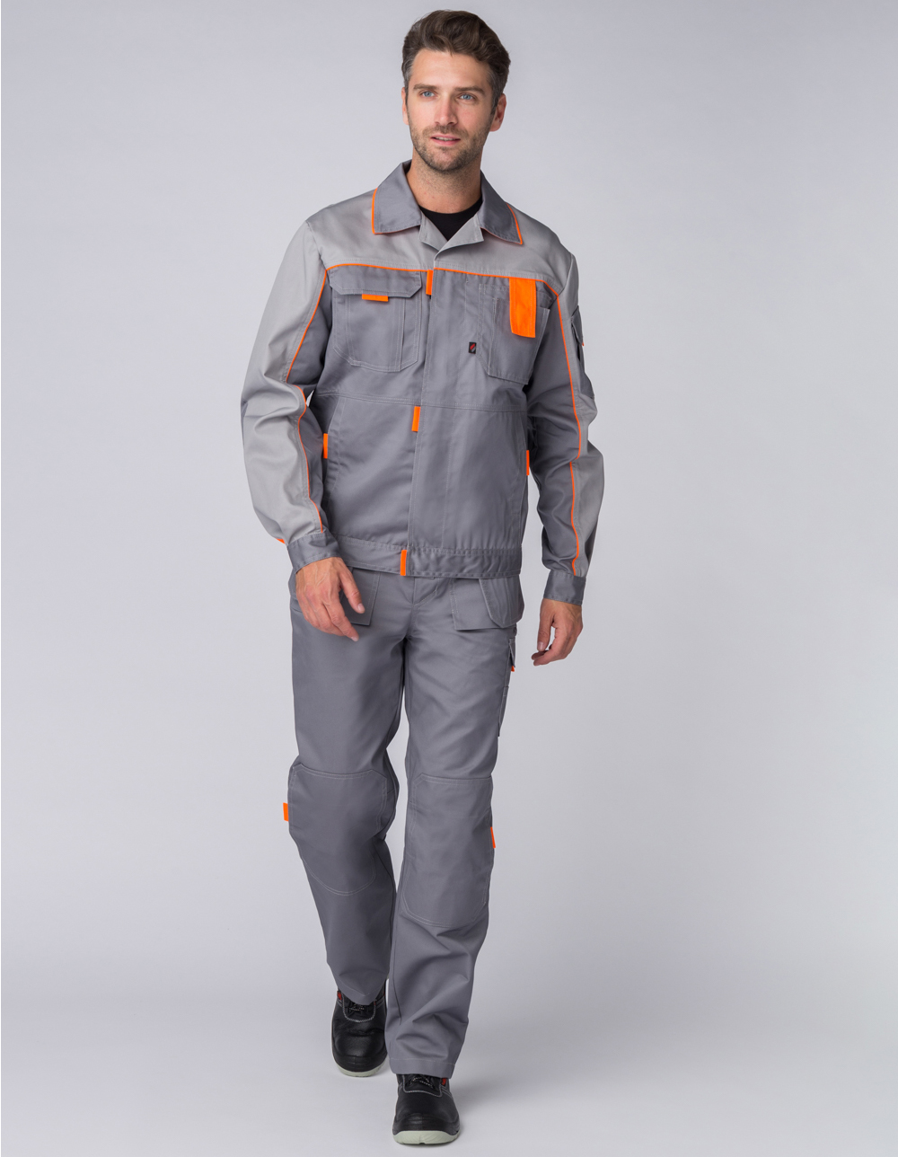 Летний костюм "СОЮЗ-ПРОФЕССИОНАЛ-1" мужской (куртка и брюки), цвет:серый с оранжевым, ткань: смесовая