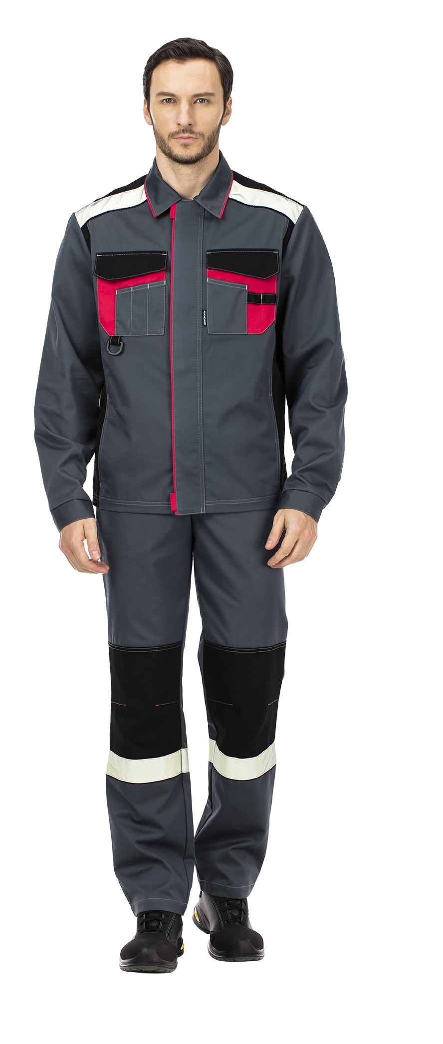 Летний костюм "БАРИТ" мужской (куртка и брюки), цвет: серый с красной отделкой, ткань: смесовая