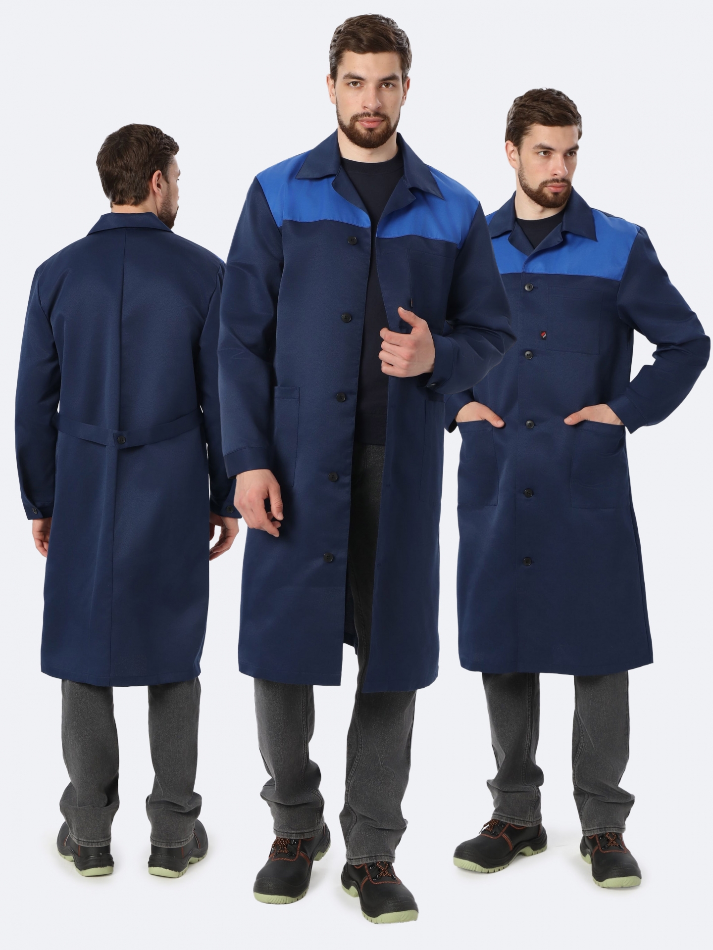 Халат "ЛИГОР" мужской, (длинный рукав, на пуговицах), цвет: синий с васильковой отделкой, ткань: смесовая