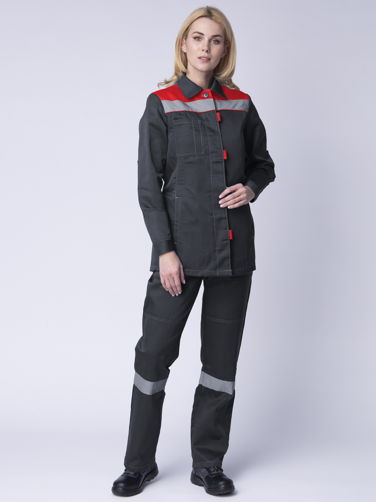 Летний костюм "ВЕСНА-2 СОП NEW" женский (куртка и п/к), цвет: темно-серый с красным, ткань: смесов