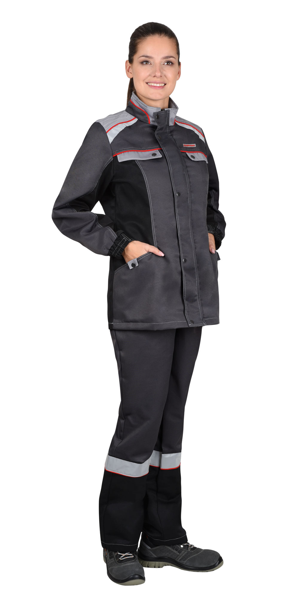 Летний костюм "СИРИУС-ВОЛОГДА" женский (куртка и брюки), цвет: темно-серый со светло серым и черным