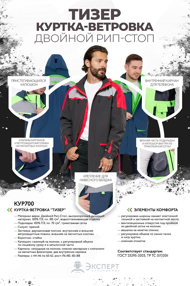 Летняя куртка-ветровка "ТИЗЕР" мужская, цвет: темно-серый с неоновым, ткань: 100% ПЭ