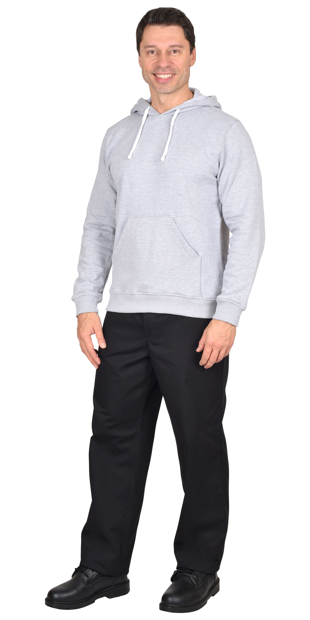 Толстовка с капюшоном, футер 3-х ниточный, карман "Кенгуру", цвет: серый меланж, ткань: 100%ХБ