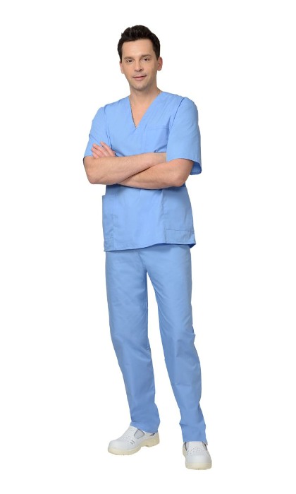 Костюм хирурга мужской, универсальный (блуза и брюки), короткий рукав, цвет: голубой