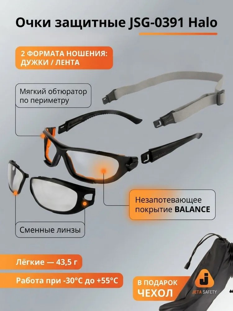 Очки защитны "JSG-0391 Halo" закрытые, прозрачные, JETA SAFETY, (12 шт)
