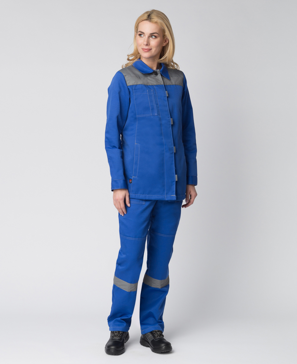 Летний костюм "ВЕСНА-1 СОП NEW" женский (куртка и брюки), цвет: васильковый с серым, ткань: смесов