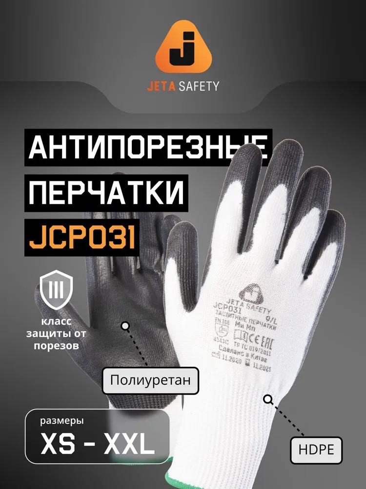 Перчатки "JCP031 Промышленные" от порезов, синтетические полиэтиленовые нити, ладонь ПУ, JETA SAFETY, (12 пар)