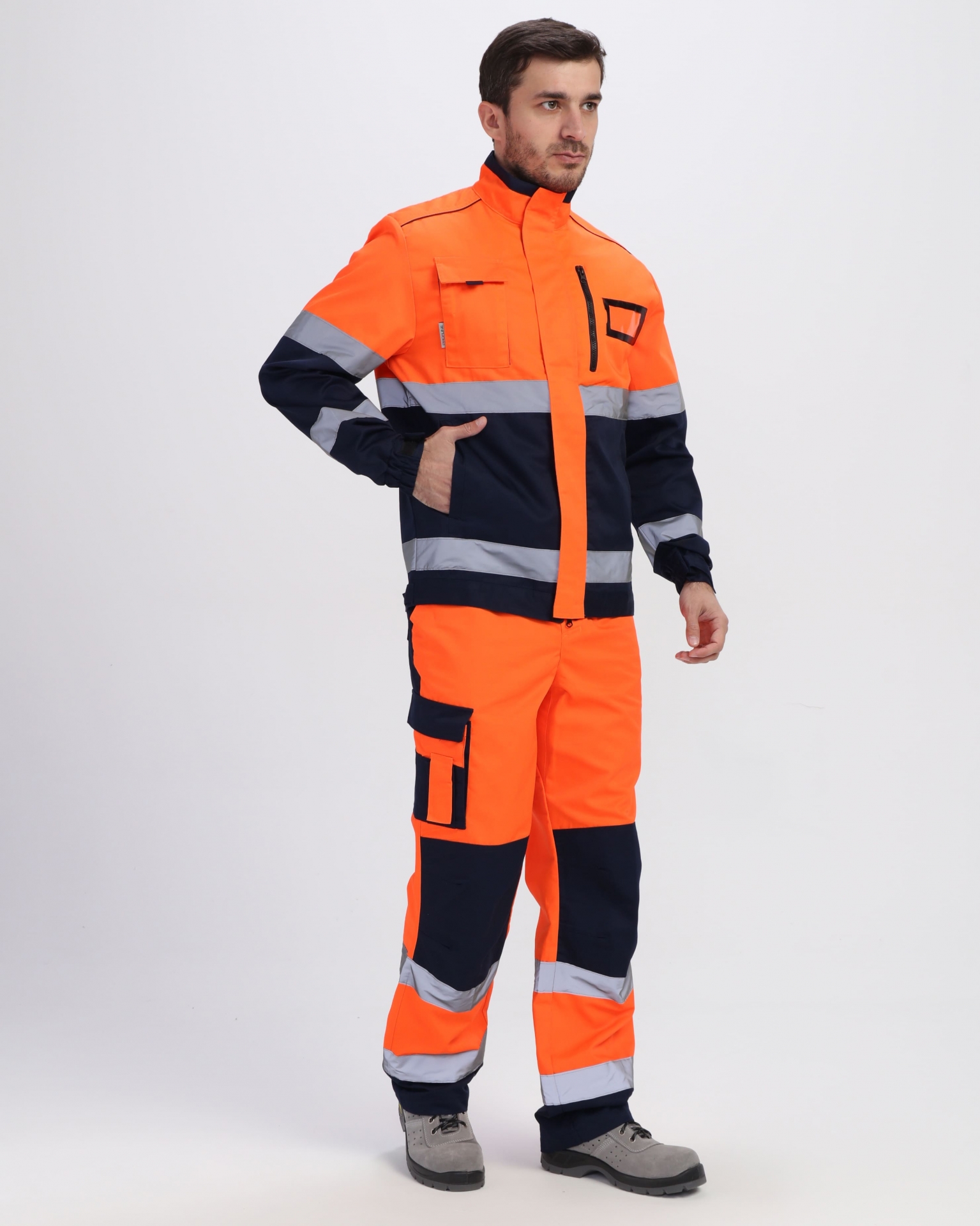 Летний костюм "ProfLine Specialist-1" мужской (куртка и брюки), цвет: оранжевый с синим, ткань: Смес Летний костюм "ProfLine Specialist-1" мужской (куртка и брюки), цвет: оранжевый с синим, ткань: Смес