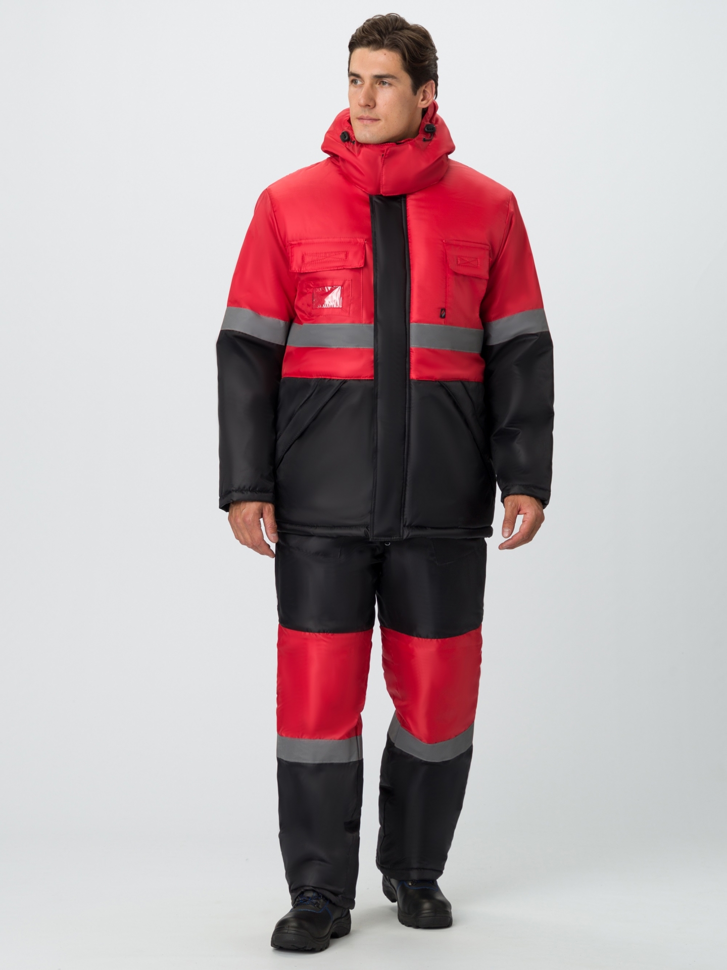 Зимний костюм "МЕГРЕС-2" мужской, утепленный (куртка и полукомбинезон), цвет: черный с красным, ткань: оксфорд