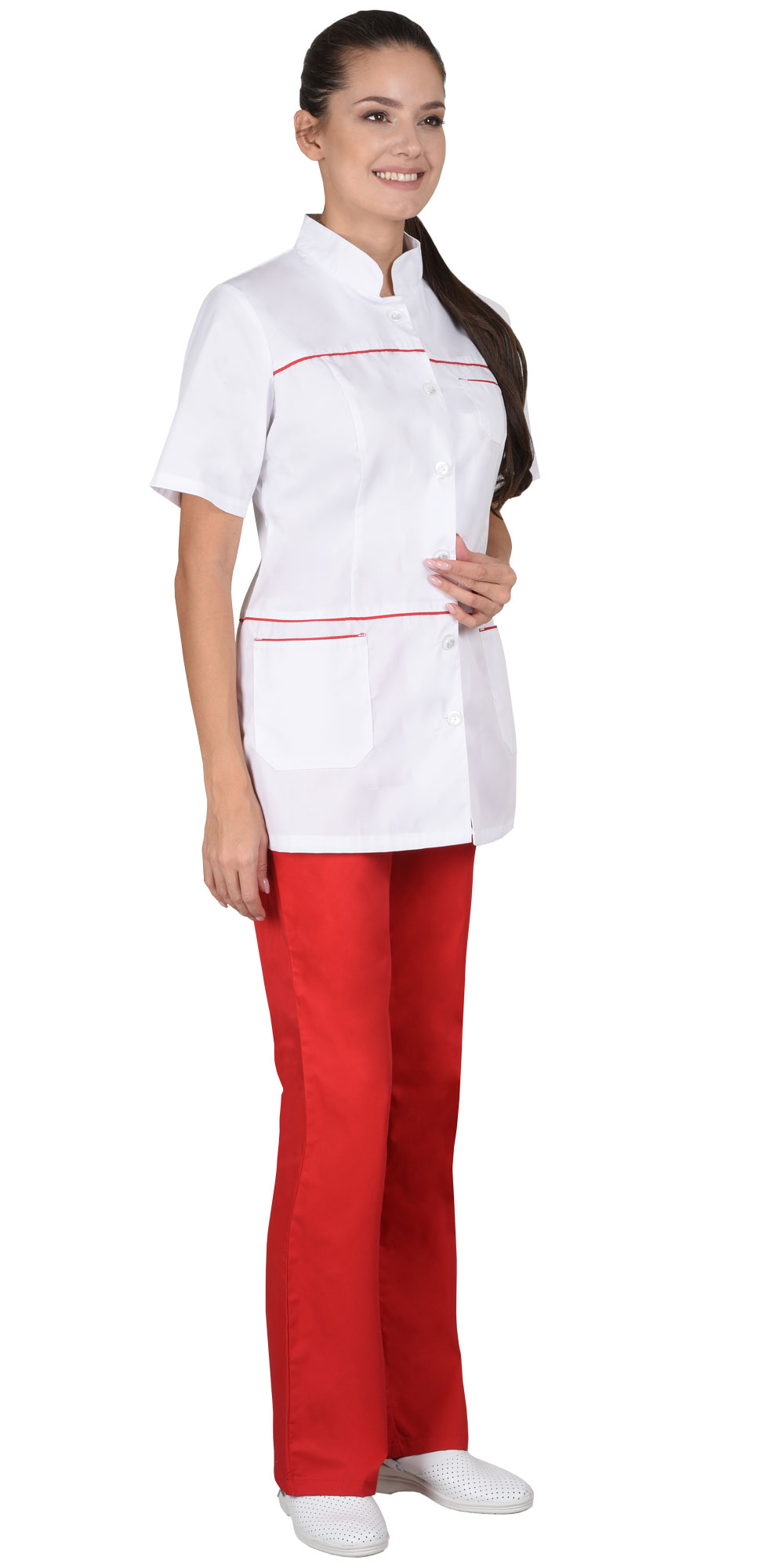 Костюм "СИРИУС-ЛАУРА" женский (блуза и брюки), короткий рукав, цвет: белый с красны, ткань: смесовая