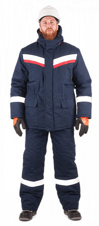 Зимний костюм "Спецобъединение-СИБИРЬ" мужской (куртка и брюки), цвет: темно-синий с красным, ткань: Карелия