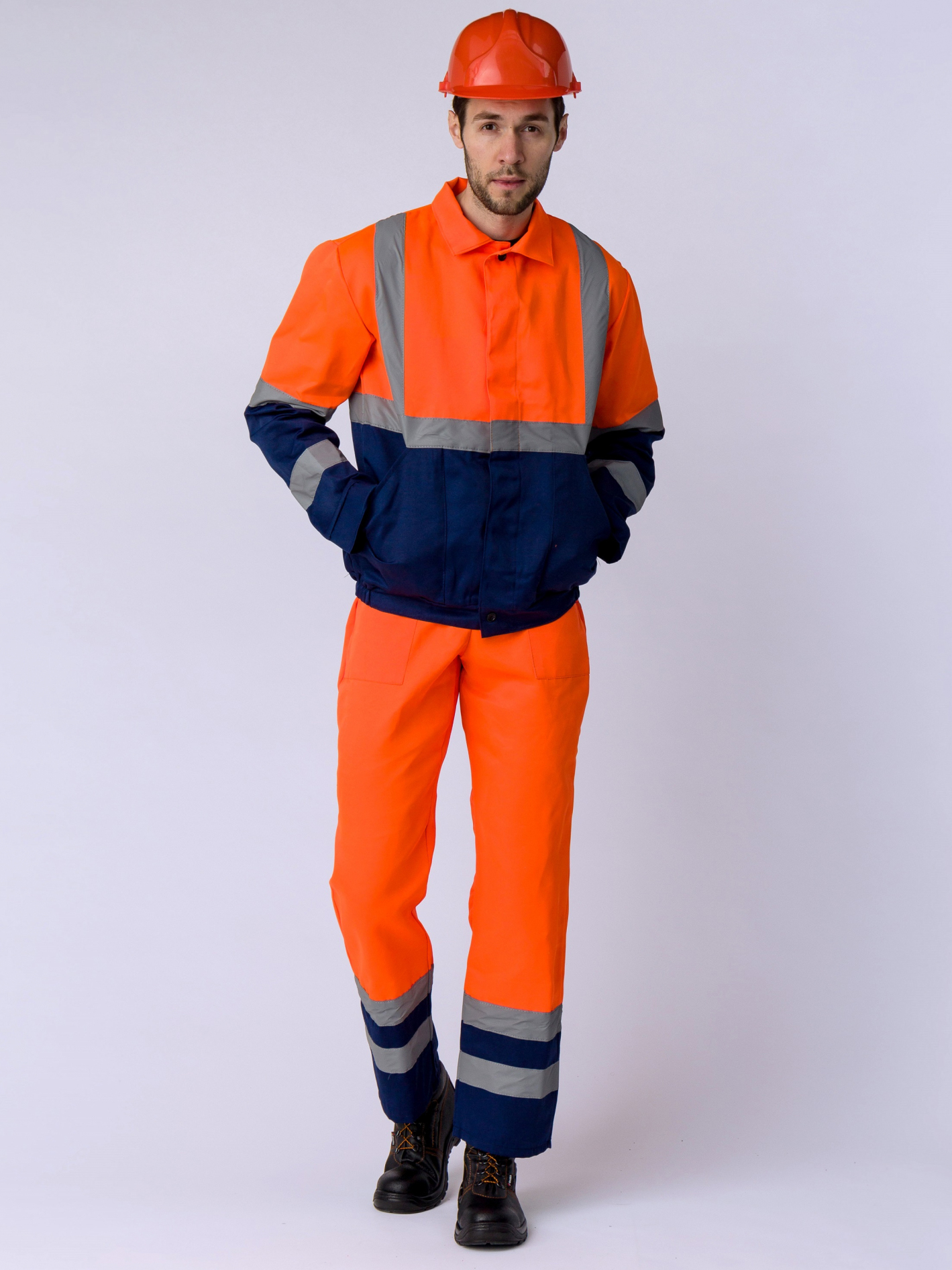 Летний костюм "ДОРОЖНИК" мужской (куртка укороченная и полукомбинезон), цвет: оранжевый с темно-синим, ткань: смесовая