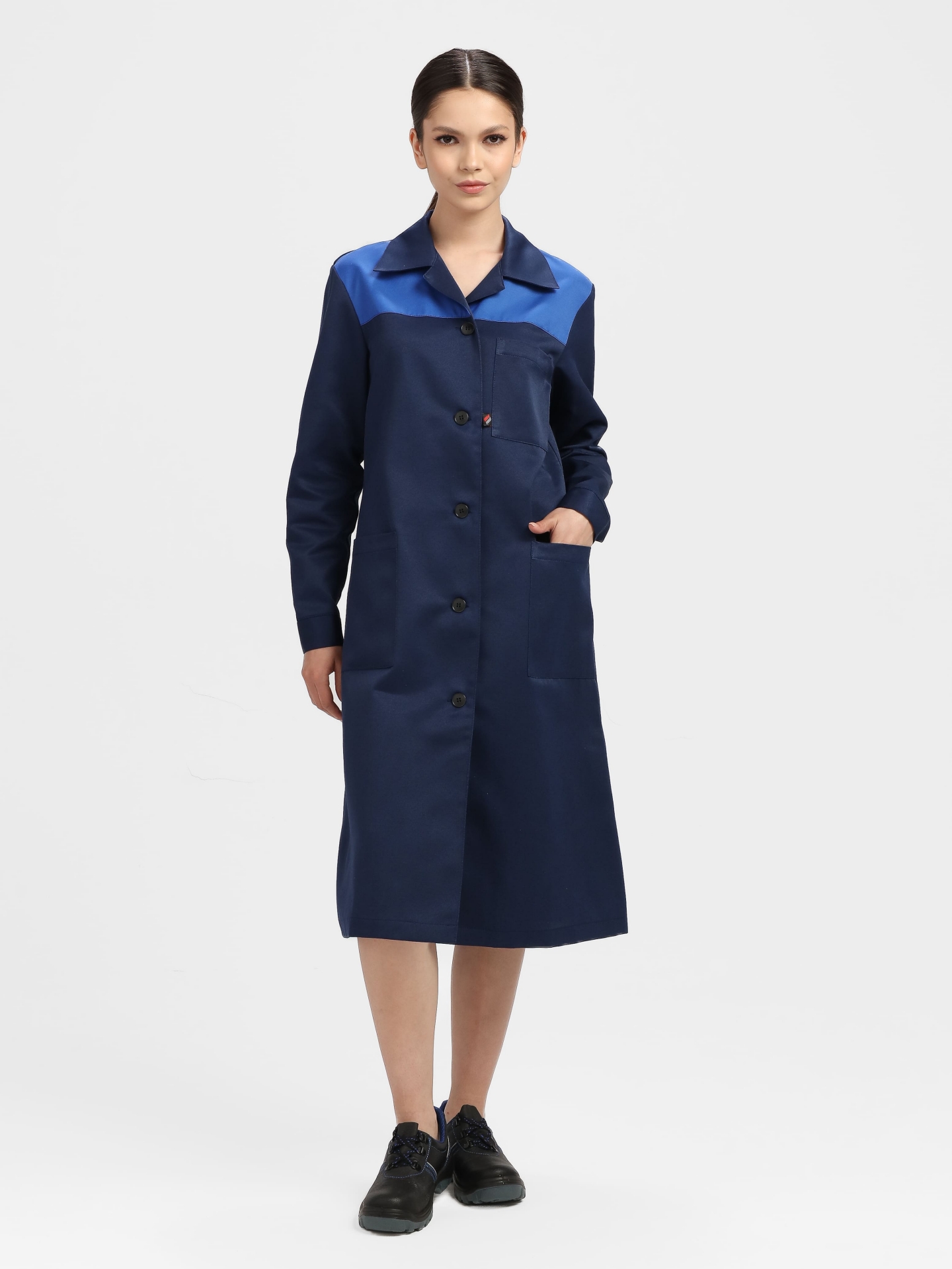 Халат "ЛИГОР" женский (рукав длинный, на пуговицах), цвет: синий с васил.. отд смесов.