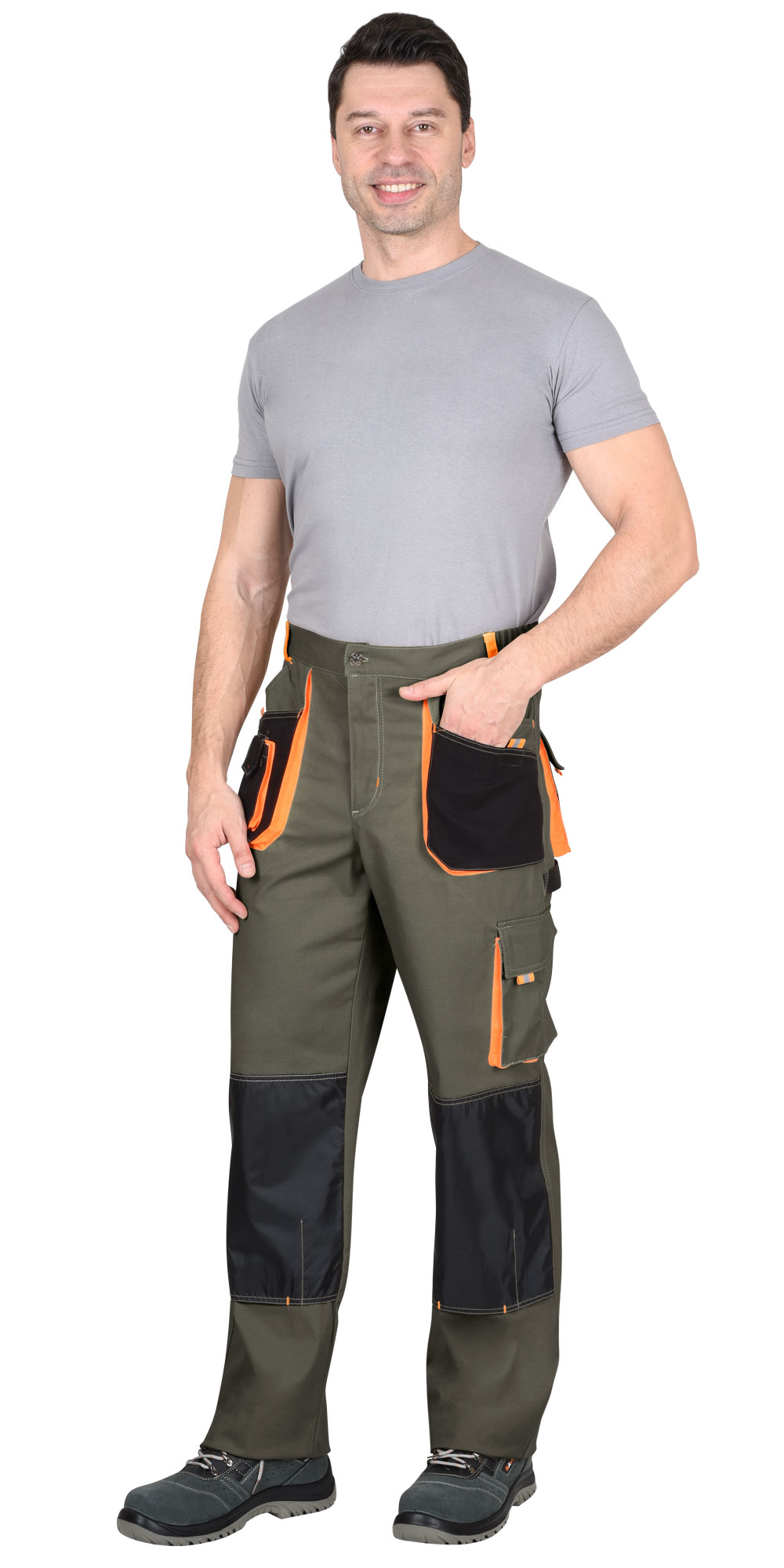 Летние брюки "СИРИУС-МАНХЕТТЕН" мужские, цвет: оливковый с оранжевым и черным, ткань: смесовая