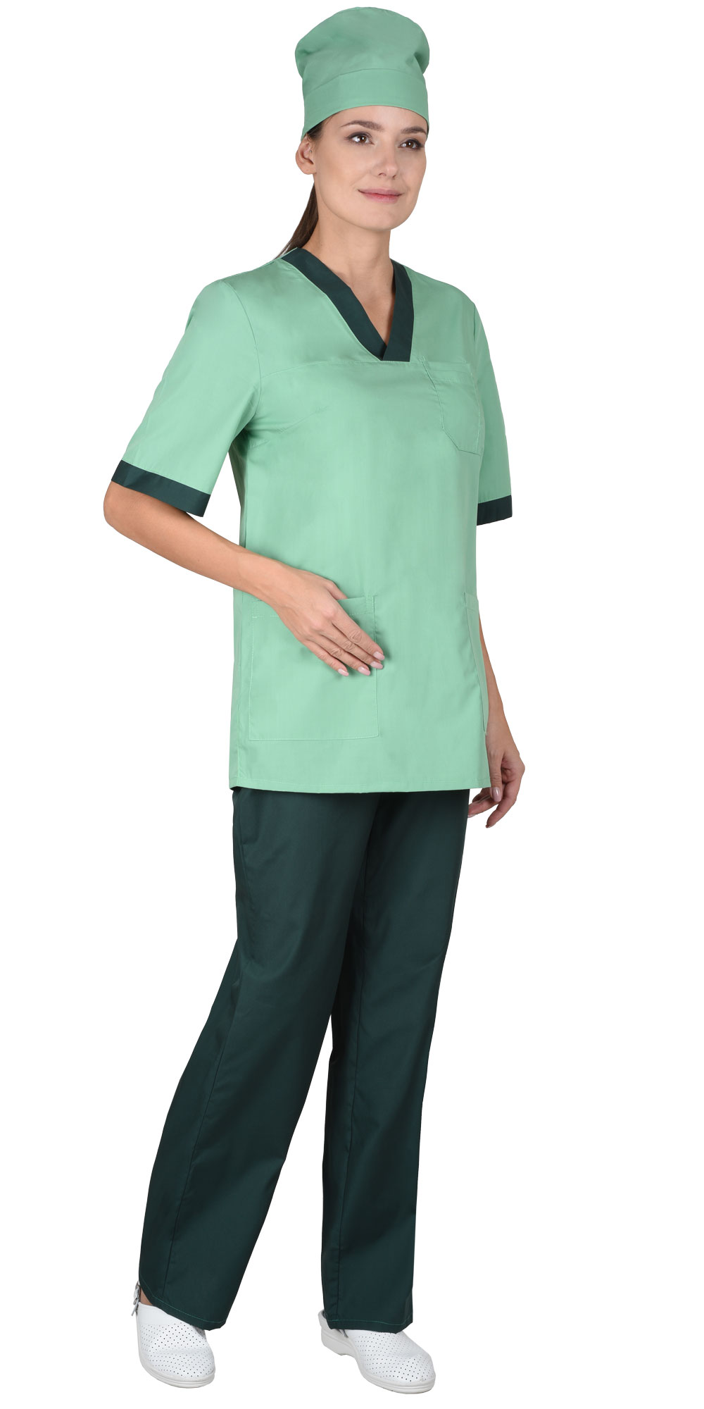 Костюм "СИРИУС-СОФИЯ" женский (блуза, брюки и колпак), цвет: светлая мята с тёмно-зелёным, тк: смес