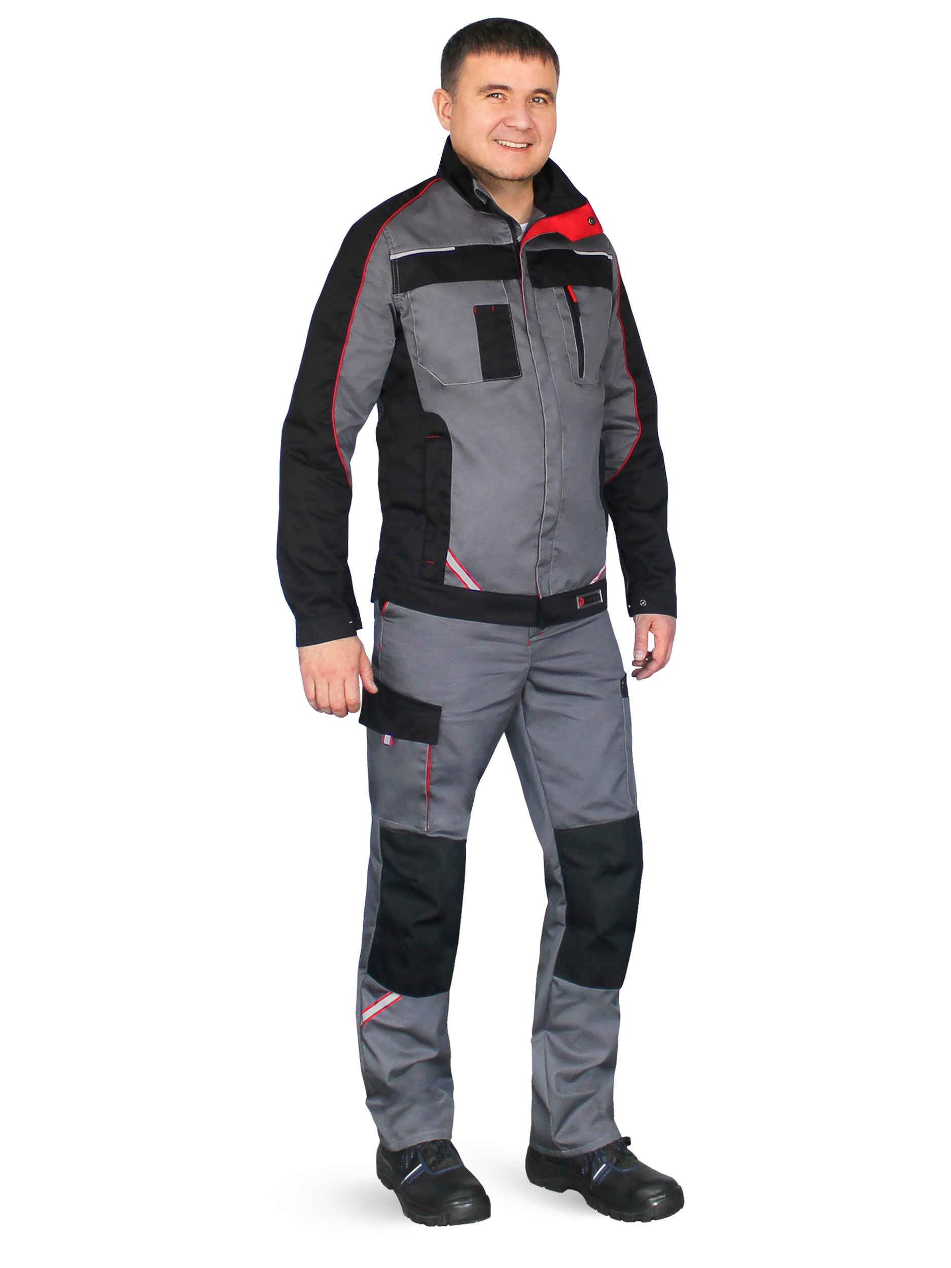 Летний костюм "РАССО-КОСТА" мужской (куртка  брюки), цвет: серый с черным и красным, ткань: смесовая