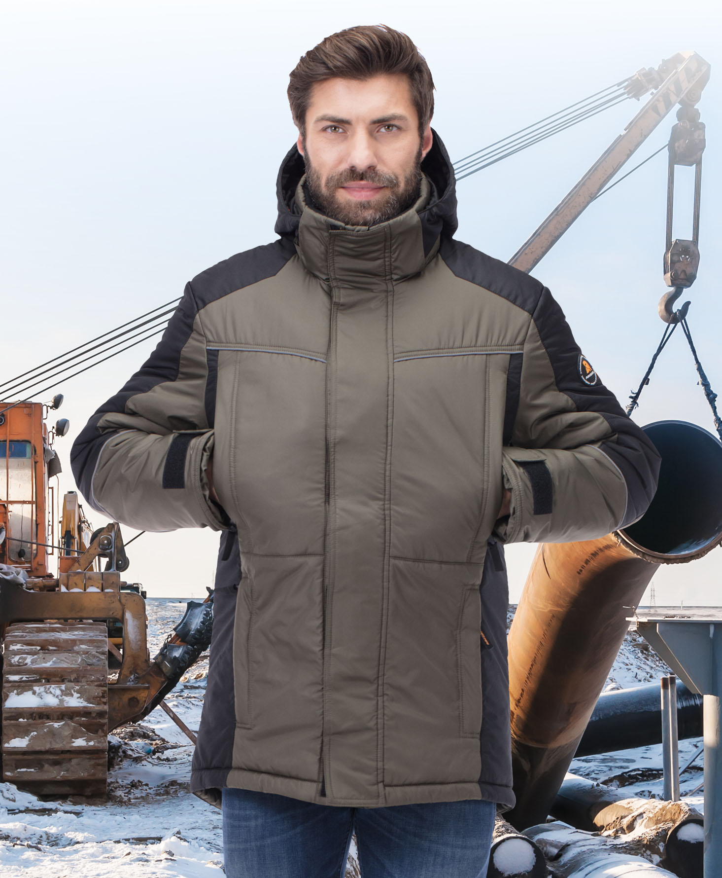 Зимняя куртка "КОРСАР" мужская, удлиненная, утепленная, цвет: хаки с черным, ткань: 100% ПЭ