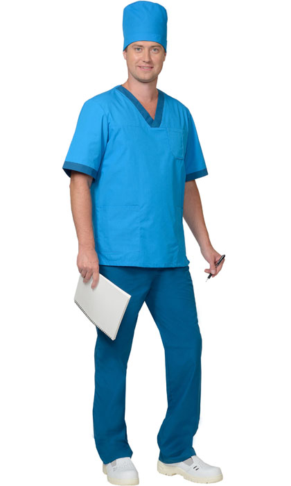 Костюм "СИРИУС-РЕАЛ" мужской (блуза, брюки и колпак), короткий рукав, цвет: светло-синий с бирюз