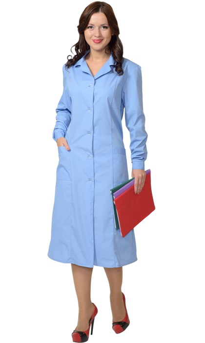 Халат с рельефами женский (длинный рукав, на пуговицах), цвет: голубой, ткань: смесовая