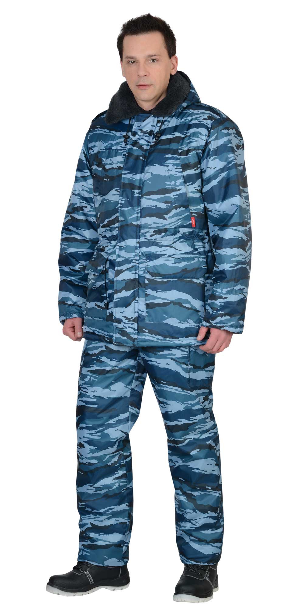 Зимний костюм "СИРИУС-БЕЗОПАСНОСТЬ" мужской, утепленный (куртка и полукомбинезон), цвет: КМФ серый вихрь, ткань: 100% ПЭ