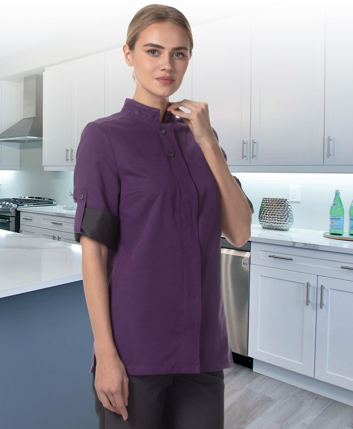 Блуза "ПАНИНИ" женская (рукав 3/4, на кнопках), цвет: лиловый с темно-серым, ткань: смесовая