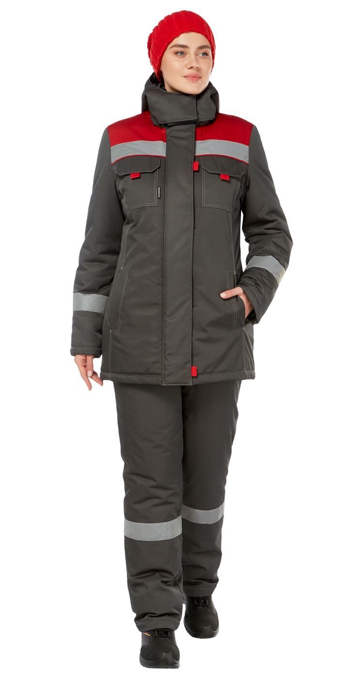 Зимний костюм "ТИМБЕР" женский, утепленный (куртка и брюки), цвет: серый с красным, ткань: смесовая