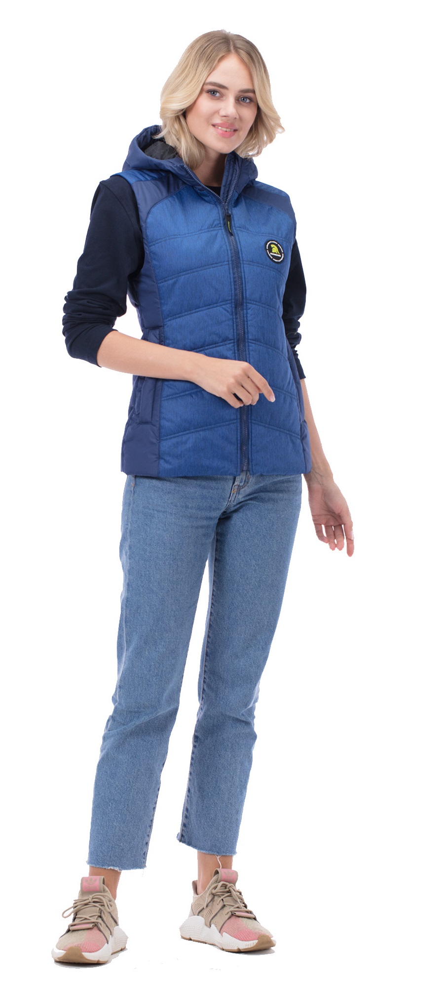 Зимний жилет "ХЭДВЕЙ" женский, утепленный, с капюшоном, цвет: темно-синий с васильковым