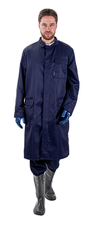 Летний костюм "Спецобъединение-КИСЛОТОСТОЙКИЙ" мужской (брюки и халат), цвет: темно-синий, ткань: Элегия