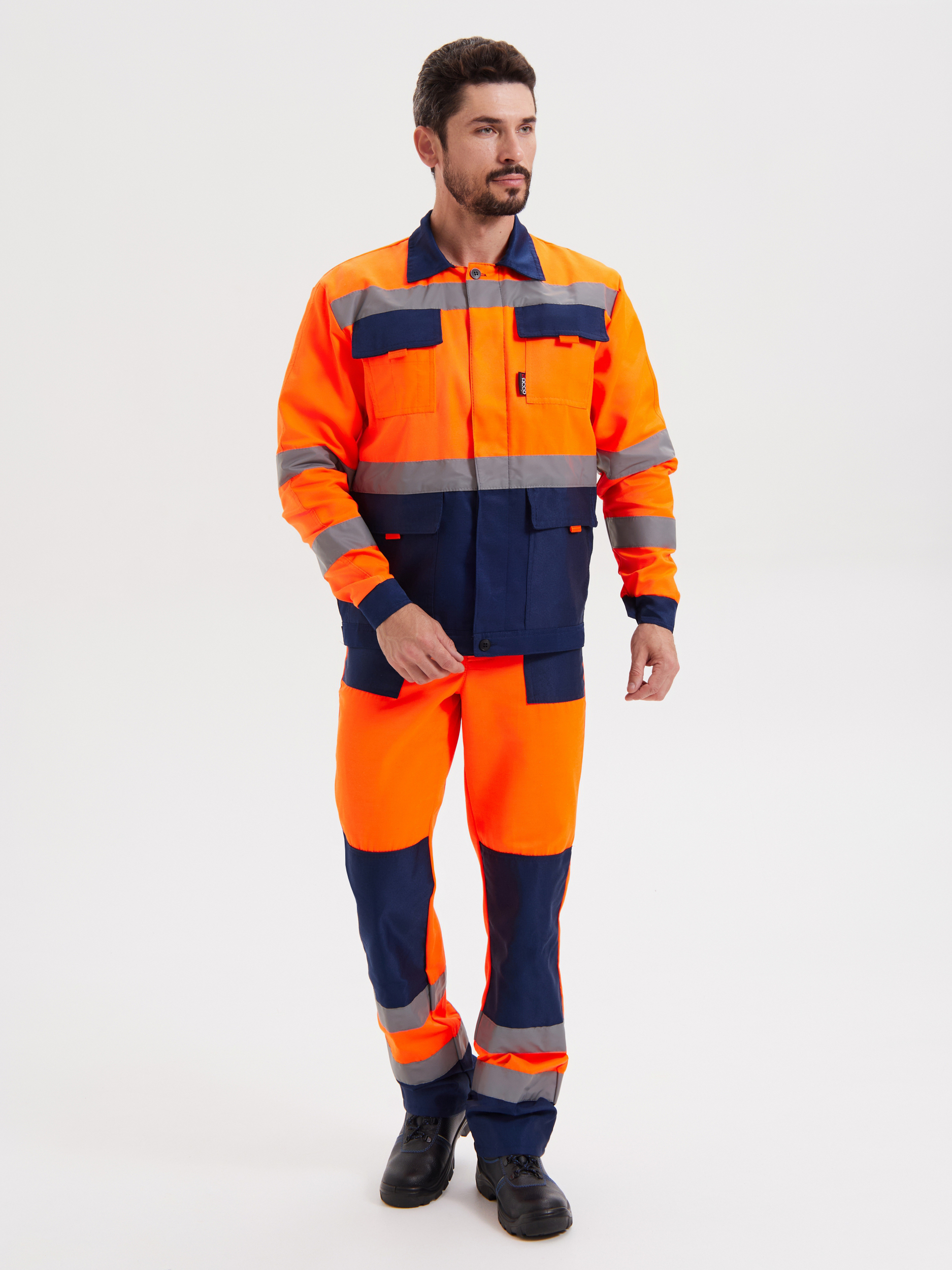 Летний сигнальный костюм "РАССО-ЗАРНИЦА" мужской (куртка и полукомбинезон), цвет: оранжевый с синим, ткань: смесовая