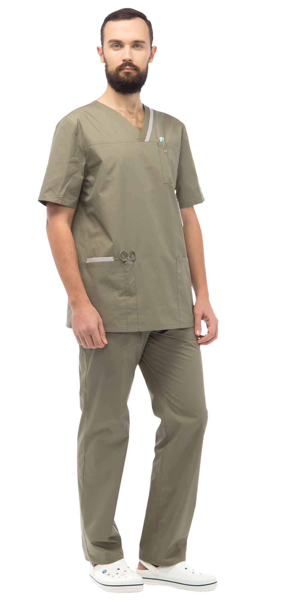 Комплект "ЮНИК" мужской (блуза и брюки), короткий рукав, цвет: оливковый с серой отделкой, ткань: смесовая
