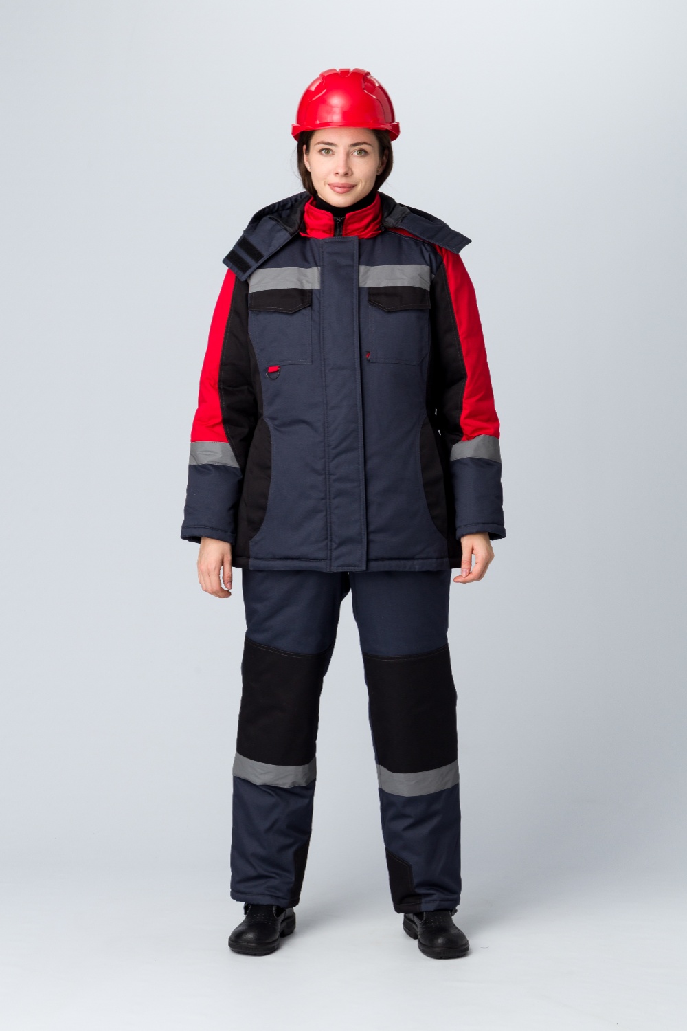 Зимний костюм "ФАВОРИТ-МЕГА" женский, утепленный (куртка и полукомбинезон) цвет: серый с черным красным, ткань: смесовая
