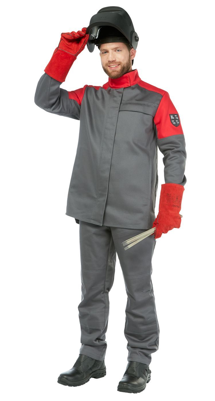 Летний костюм сварщика "БАКЛЕР" (куртка и полукомбинезон), цвет: серый с красным